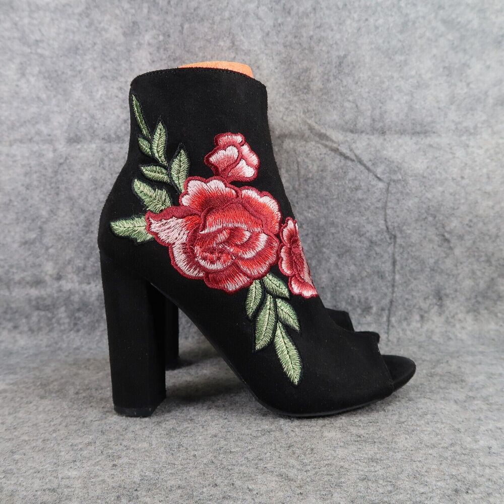 Wild Diva Shoes Womens 7 Bootie Pumps Fashion Floral Embroidered Block Heel Zip